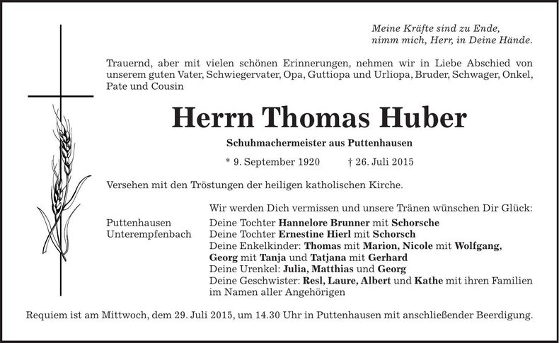 Traueranzeige Thomas Huber