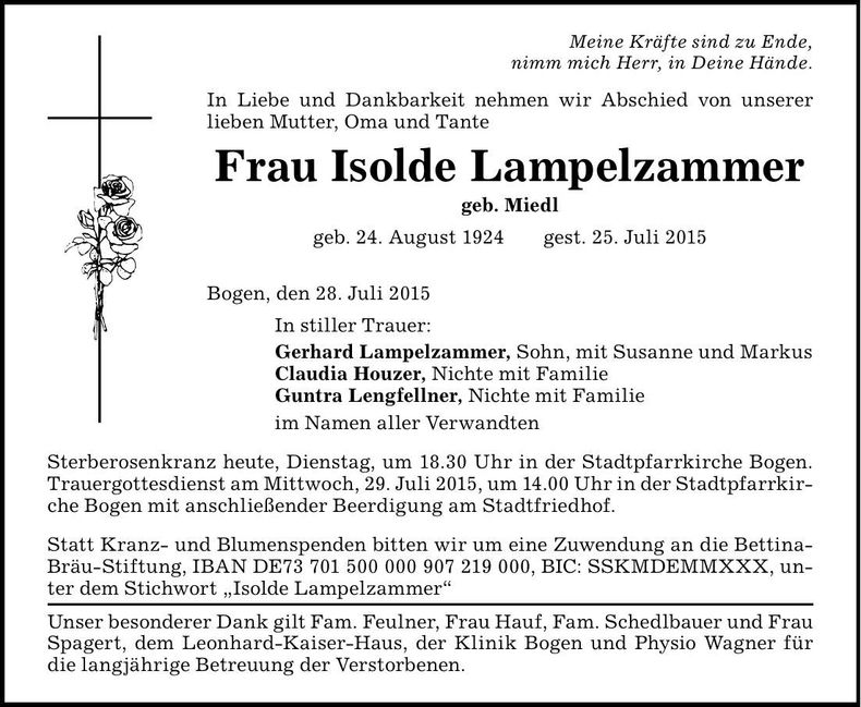 Traueranzeige Isolde Lampelzammer