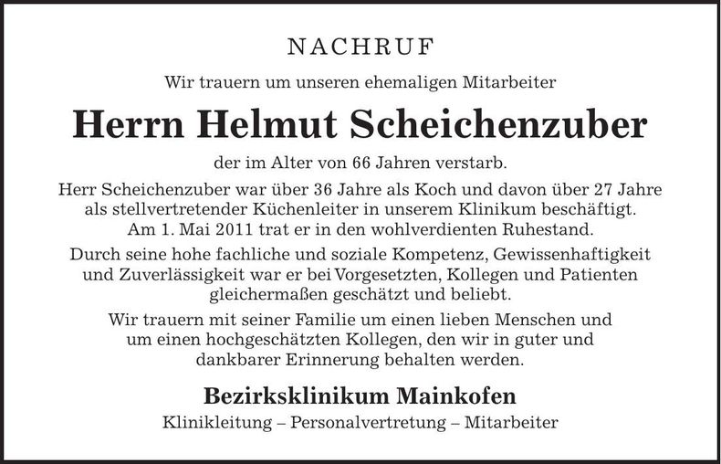 Traueranzeige Helmut Scheichenzuber