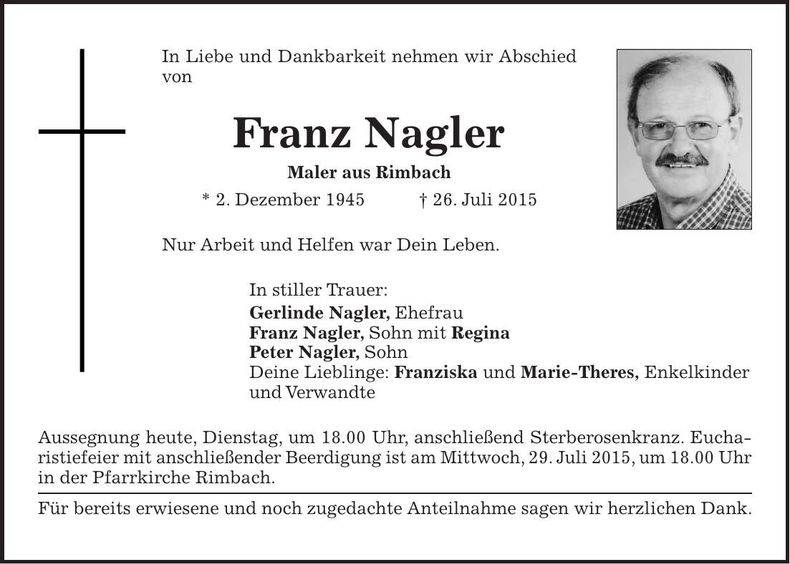 Traueranzeige Franz Nagler