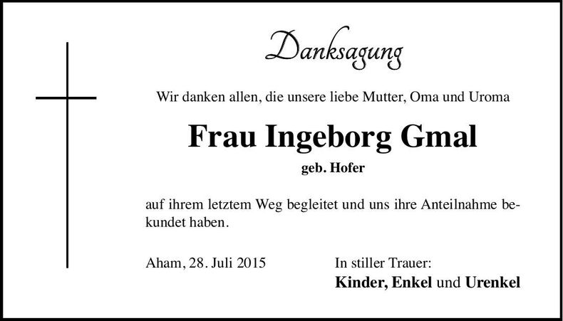 Traueranzeige Ingeborg Gmal