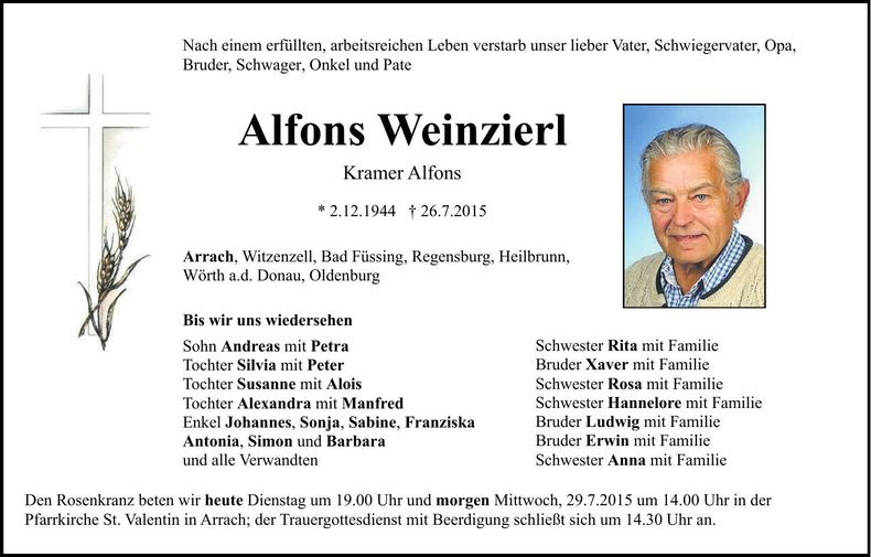 Traueranzeige Alfons Weinzierl
