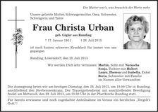 Traueranzeige Christa Urban