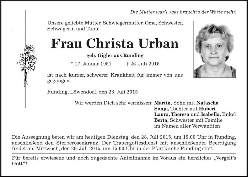 Traueranzeige Christa Urban