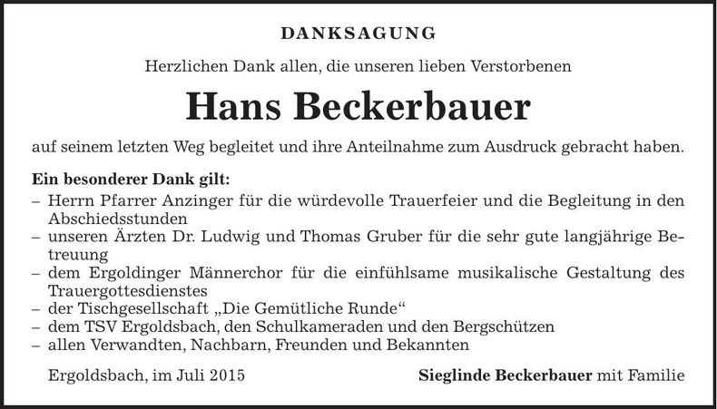 Traueranzeige Hans Beckerbauer