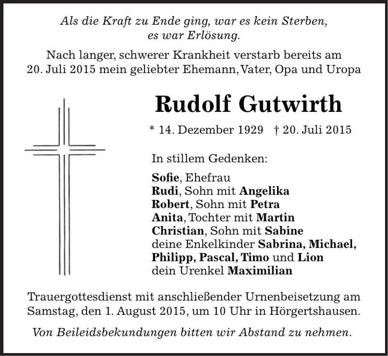 Traueranzeige Rudolf Gutwirth