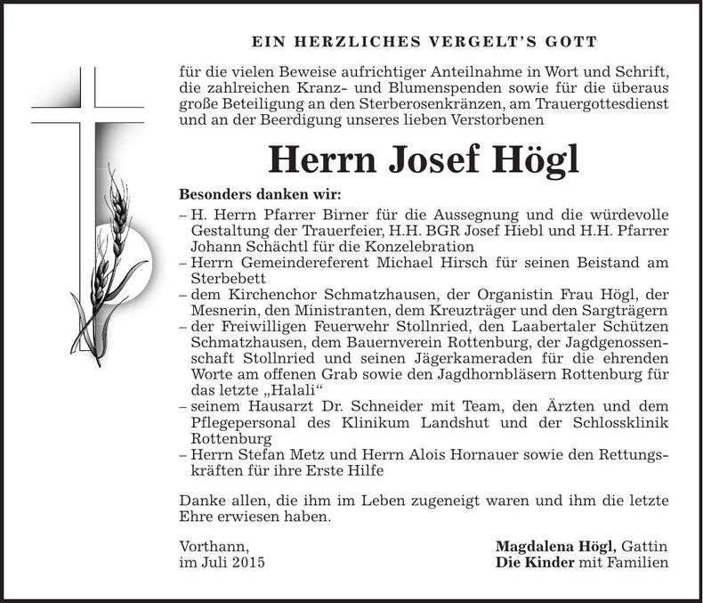 Traueranzeige Josef Högl