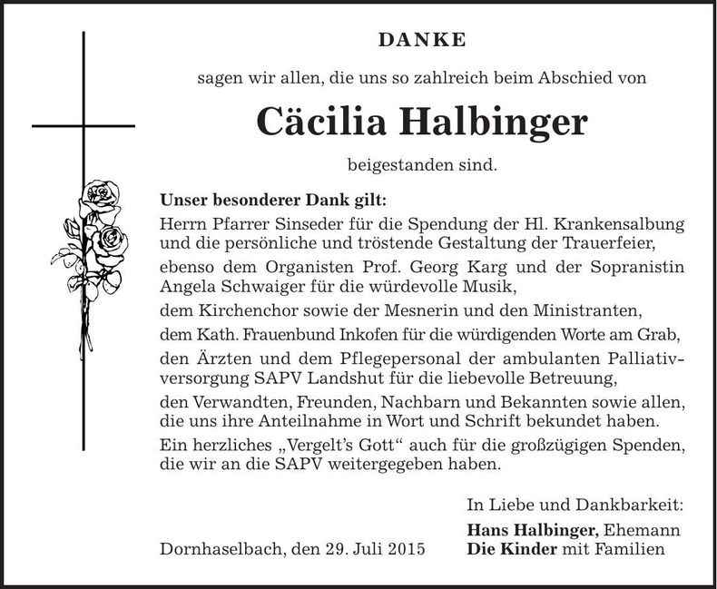 Traueranzeige Cäcilia Halbinger