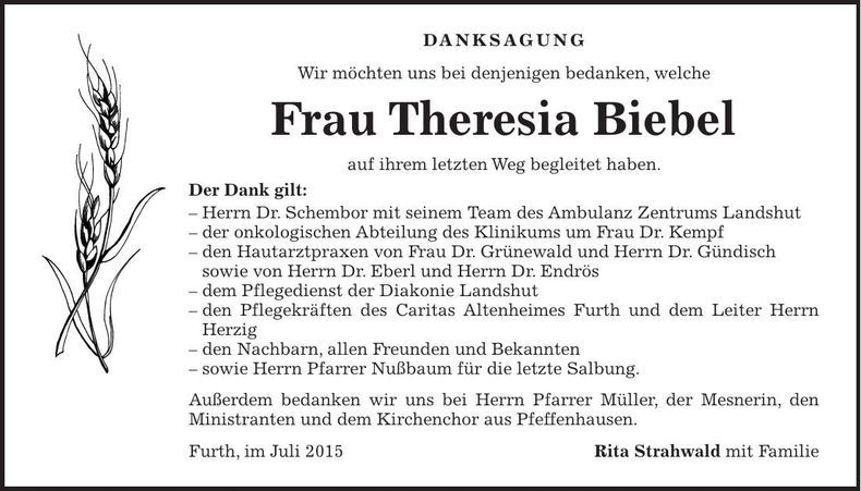 Traueranzeige Theresia Biebel