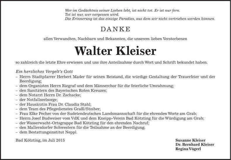 Traueranzeige Walter Kleiser