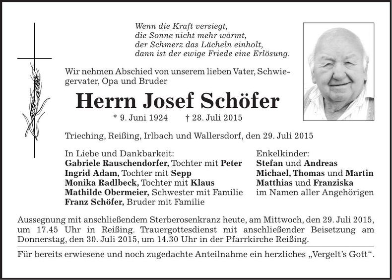 Traueranzeige Josef Schöfer