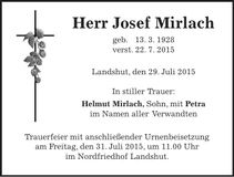 Traueranzeige Josef Mirlach