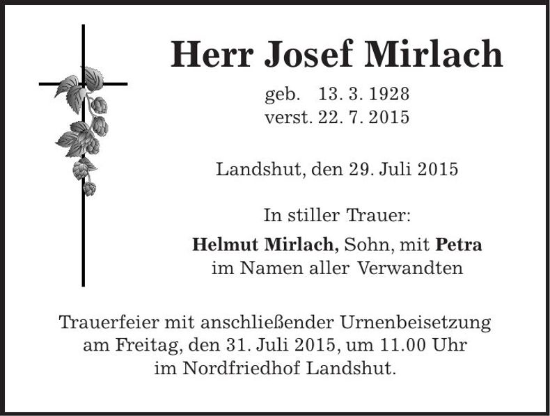 Traueranzeige Josef Mirlach