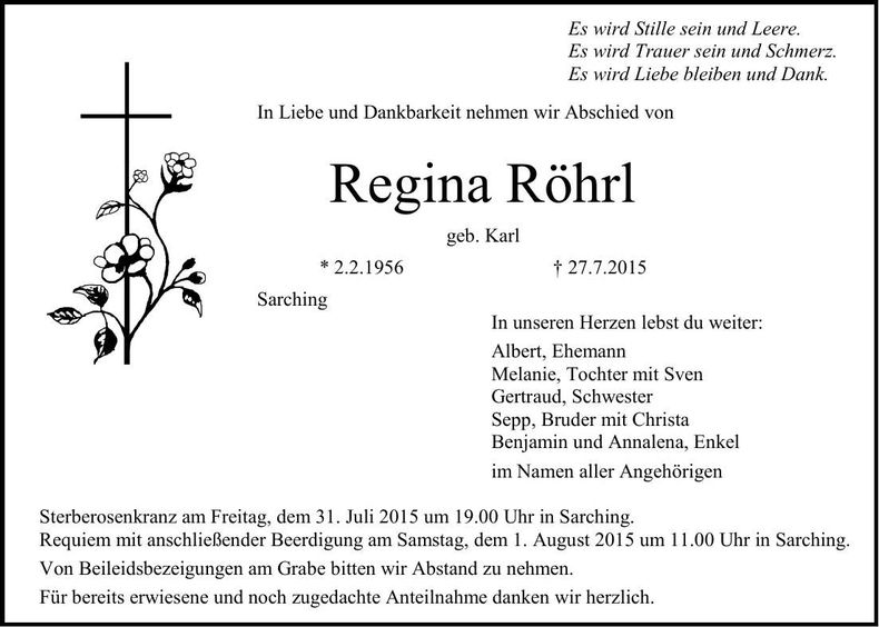 Traueranzeige Regina Röhrl