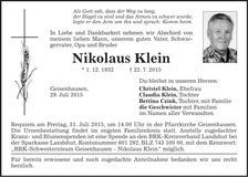 Traueranzeige Nikolaus Klein