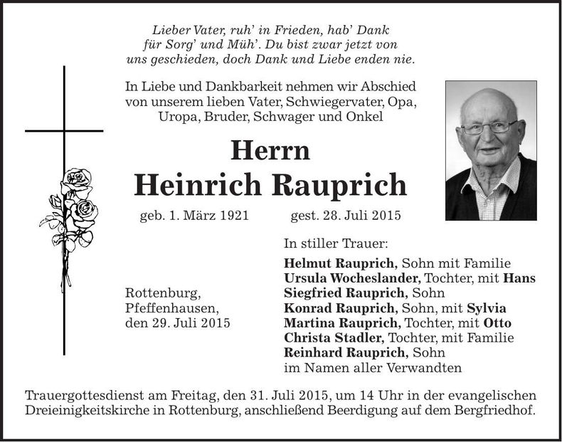 Traueranzeige Heinrich Rauprich