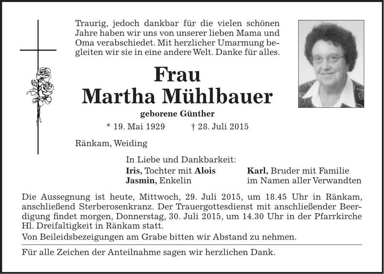 Traueranzeige Martha Mühlbauer