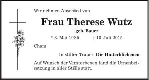 Traueranzeige Therese Wutz
