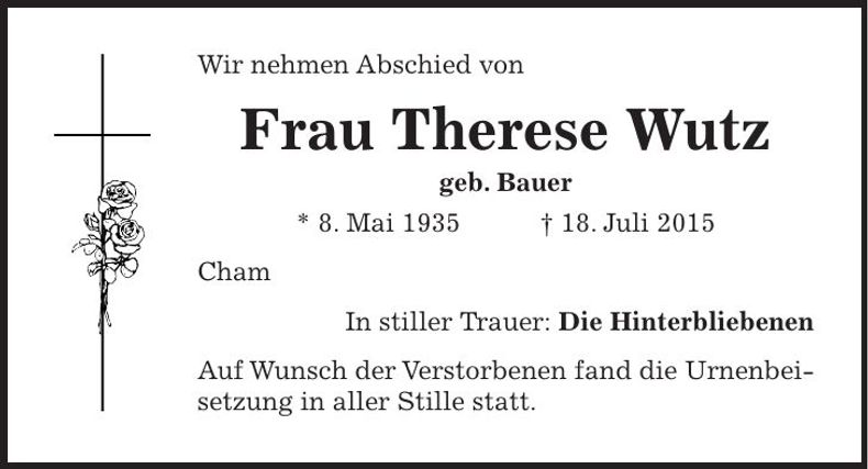 Traueranzeige Therese Wutz