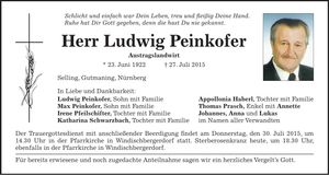 Traueranzeige Ludwig Peinkofer