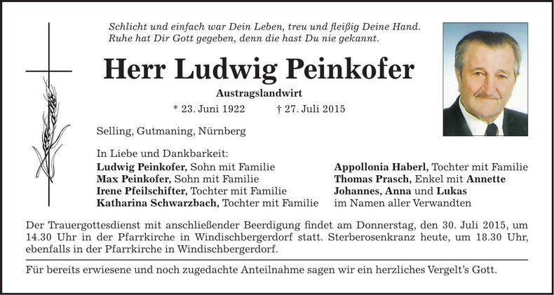 Traueranzeige Ludwig Peinkofer