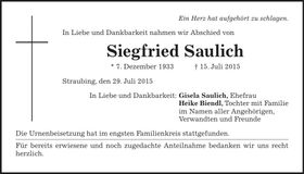Traueranzeige Siegfried Saulich