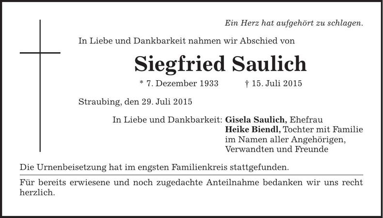 Traueranzeige Siegfried Saulich