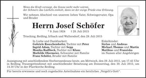 Traueranzeige Josef Schöfer