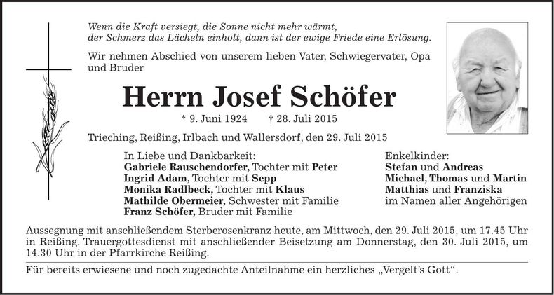 Traueranzeige Josef Schöfer