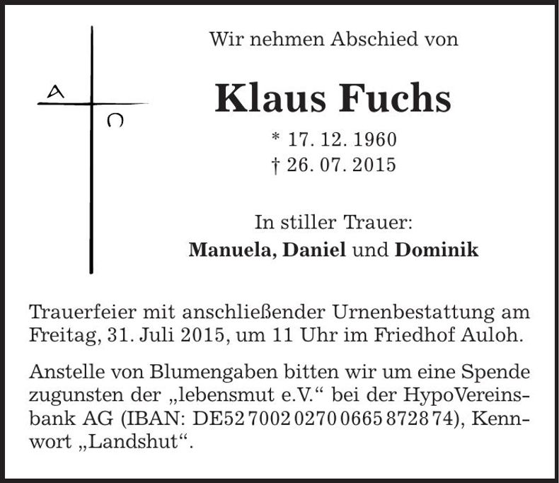 Traueranzeige Klaus Fuchs
