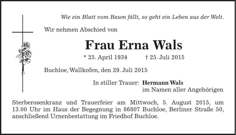 Traueranzeige Erna Wals
