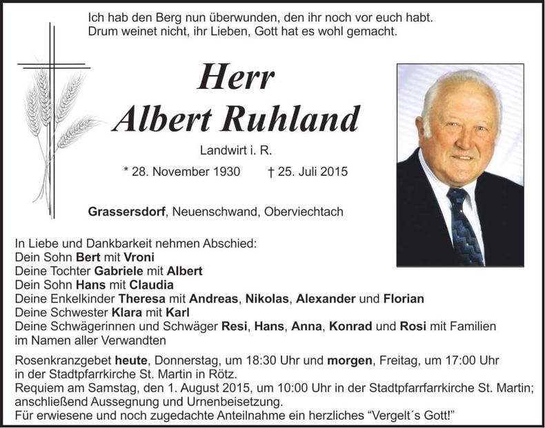 Traueranzeige Albert Ruhland