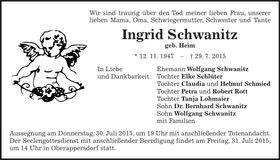 Traueranzeige Ingrid Schwanitz