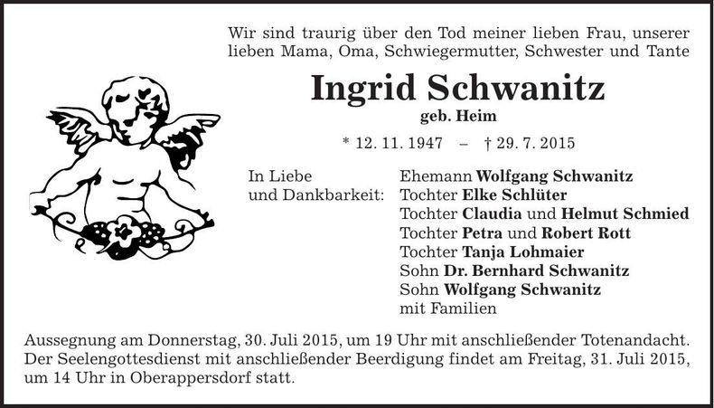 Traueranzeige Ingrid Schwanitz