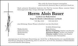 Traueranzeige Alois Bauer