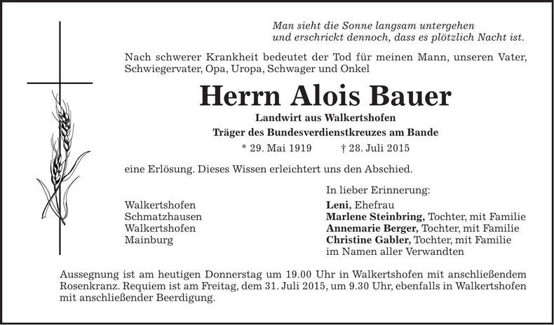 Traueranzeige Alois Bauer