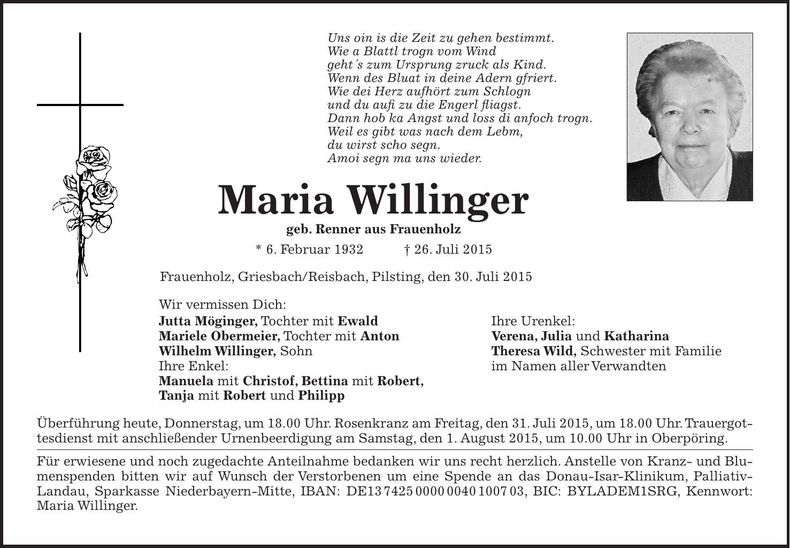 Traueranzeige Jutta Willinger