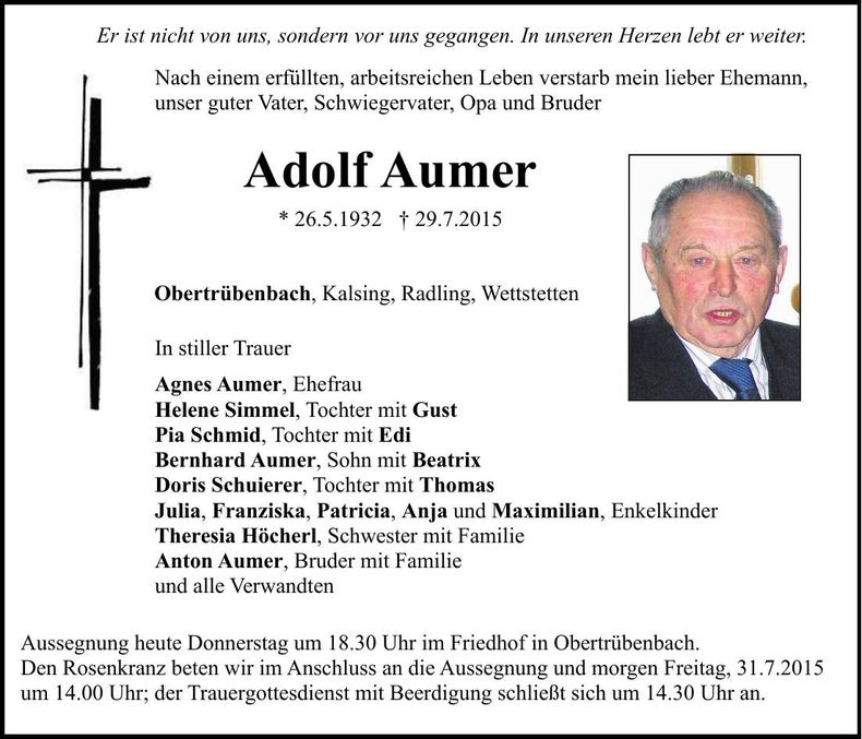 Traueranzeige Adolf Aumer