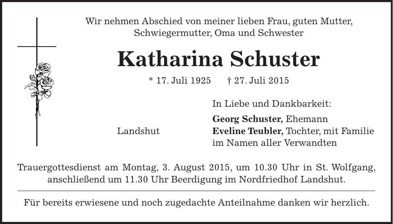 Traueranzeige Katharina Schuster