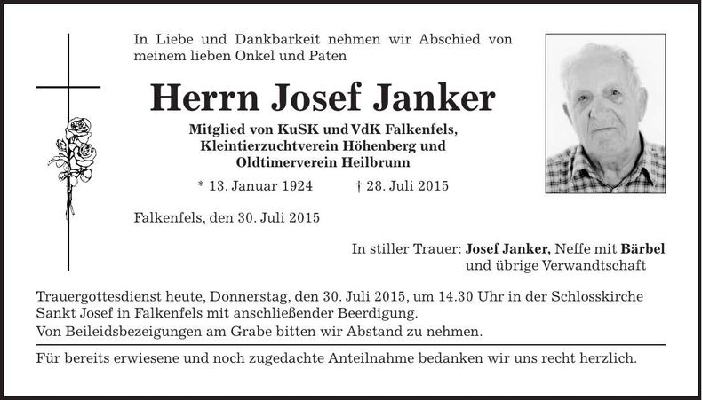 Traueranzeige Josef Janker