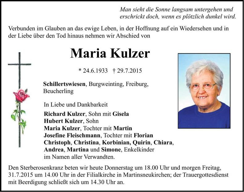 Traueranzeige Maria Kulzer