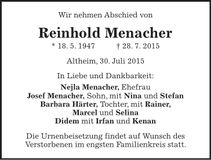Traueranzeige Reinhold Menacher