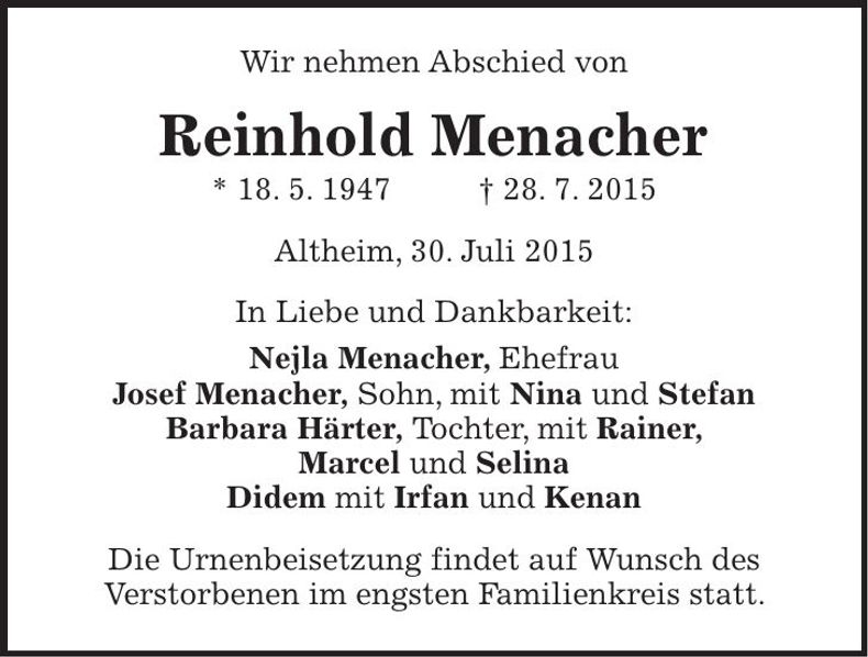 Traueranzeige Reinhold Menacher