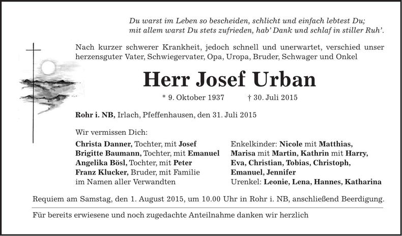 Traueranzeige Josef Urban