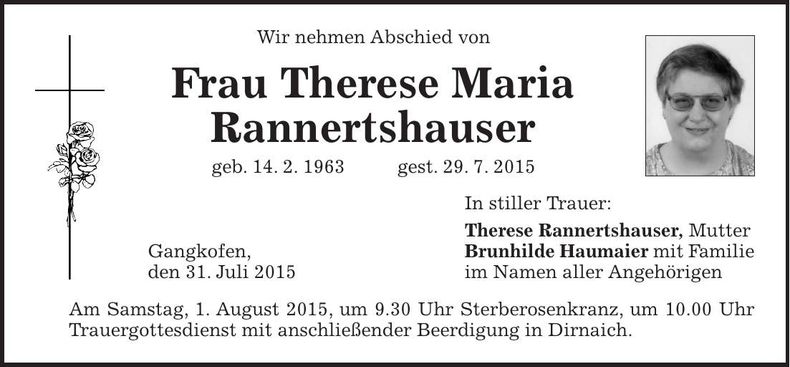 Traueranzeige Therese Maria Rannertshauser
