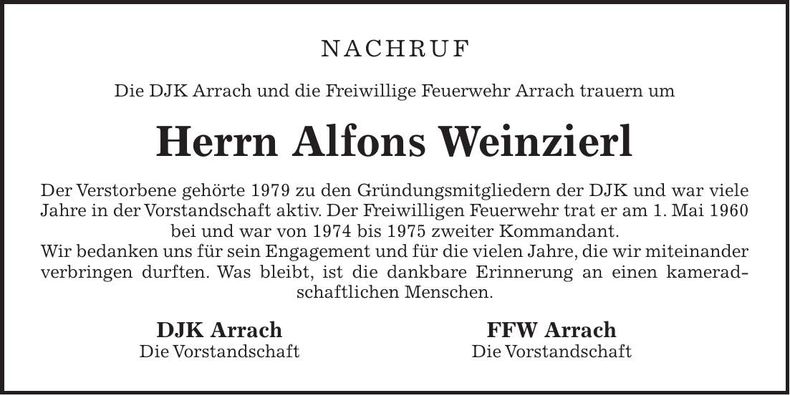 Traueranzeige Alfons Weinzierl