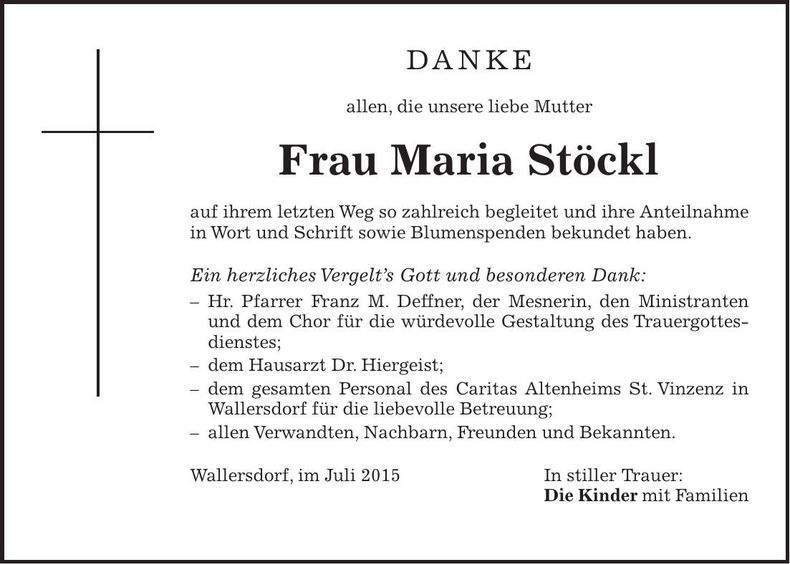 Traueranzeige Maria Stöckl