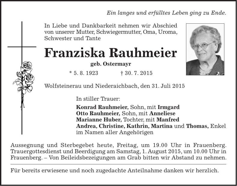 Traueranzeige Franziska Rauhmeier