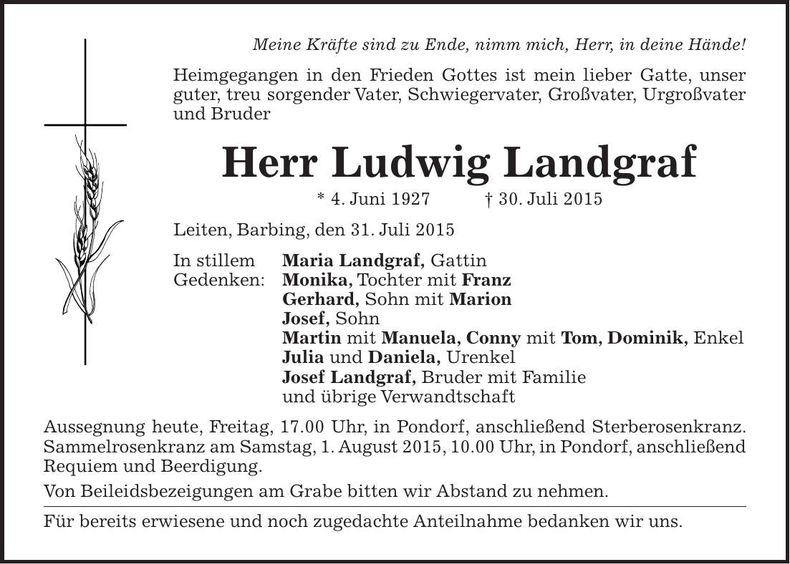Traueranzeige Ludwig Landgraf