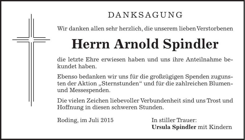 Traueranzeige Arnold Spindler